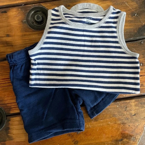 Carter’s Infant Outfit Striped Onesie Blue Shorts 18 Months - Picture 1 of 4